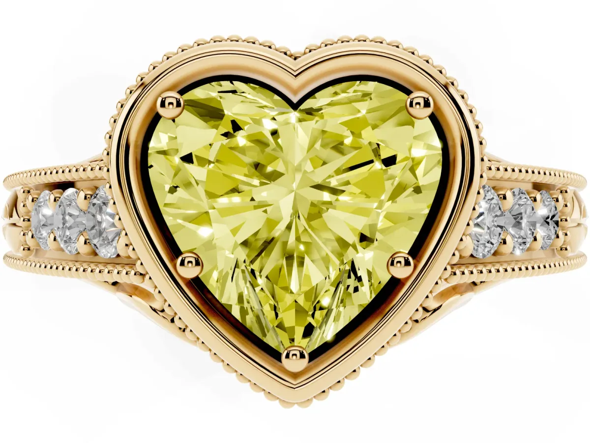 Fancy Yellow Bezel Set Heart Cut Diamond Milgrain Pave Engagement Ring Yellow gold