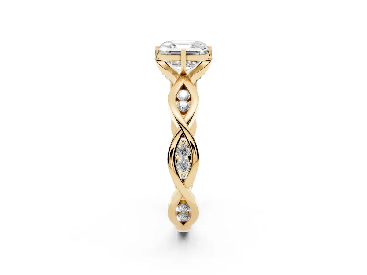 Asscher Cut Solitaire Twist Band with Leaf Prong Setting Yellow gold