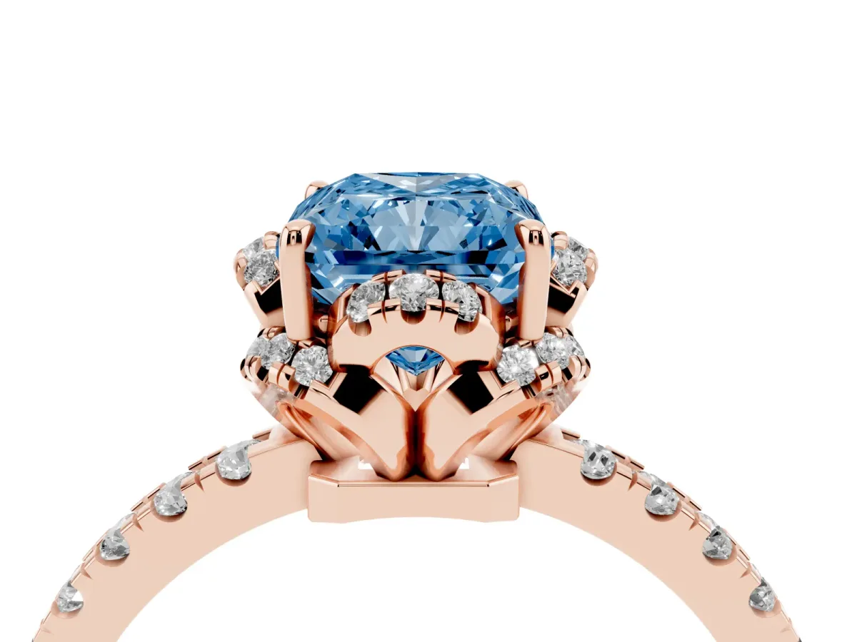 Fancy Blue Radiant Cut Halo Diamond Pave Band Ring with Four-Prong Setting Rose gold