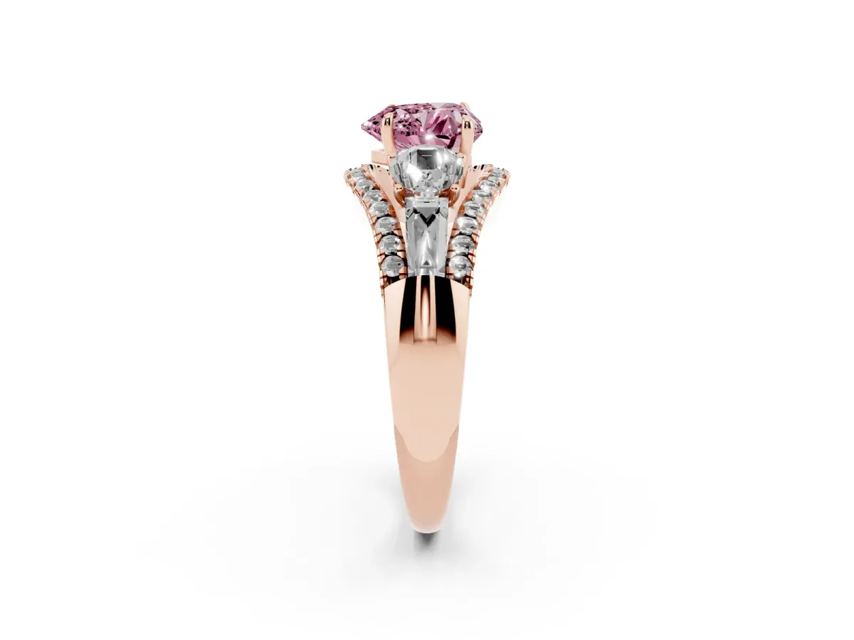 Fancy Pink Three-Stone Heart Cut Diamond Engagement Ring with Pave Band and Prong Setting Rose gold