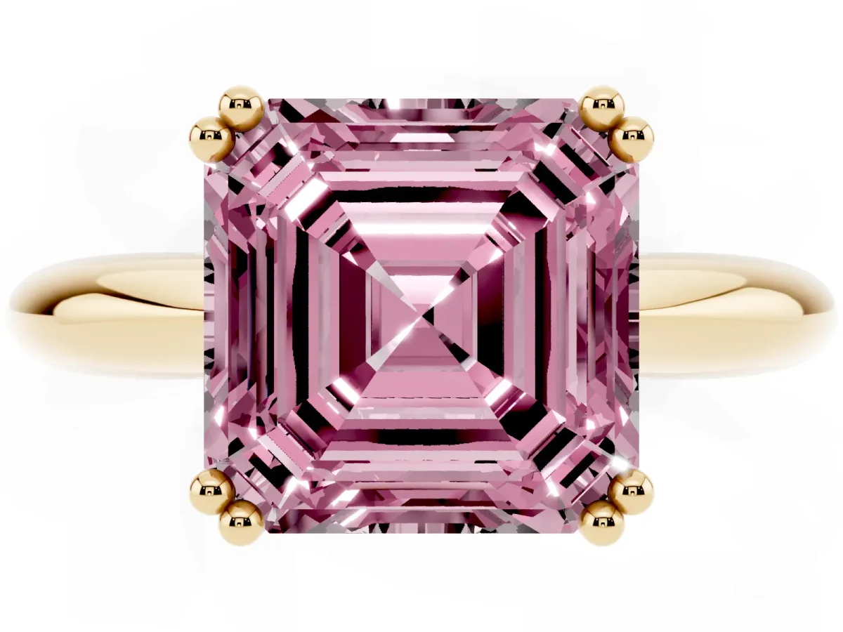 Fancy Pink Asscher Cut Cut Solitaire Engagement Ring with Tapered Band and Four-Prong Setting Yellow gold