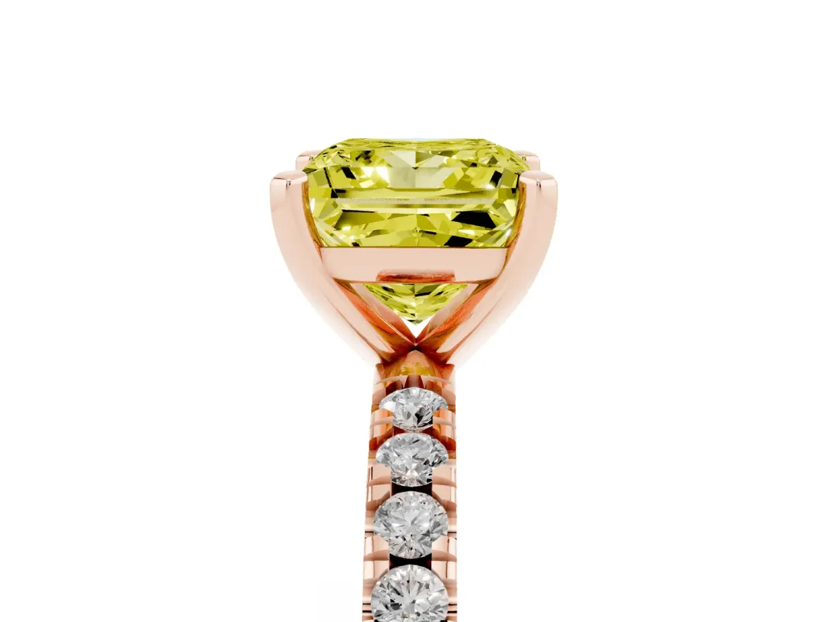 Fancy Yellow Princess Cut Diamond Pavé Band Solitaire with Four-Prong Setting Rose gold
