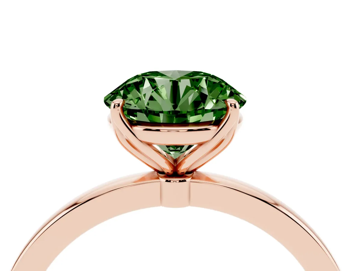 Fancy Green Round Cut Diamond Solitaire Ring with Thin Band and Prong Setting Rose gold