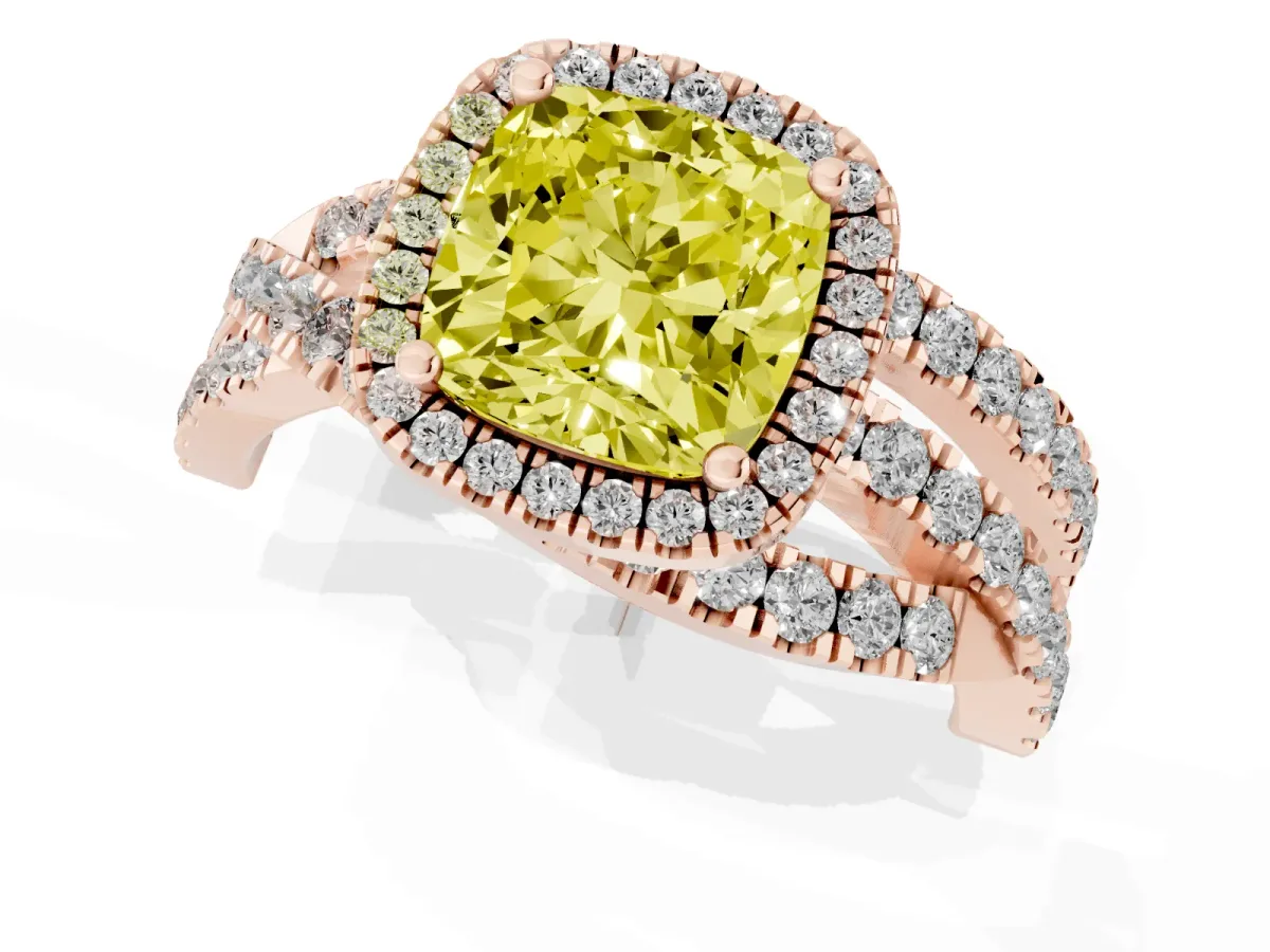 Fancy Yellow Cushion Cut Diamond Halo Ring with Round Split Shank and Prong Setting Rose gold