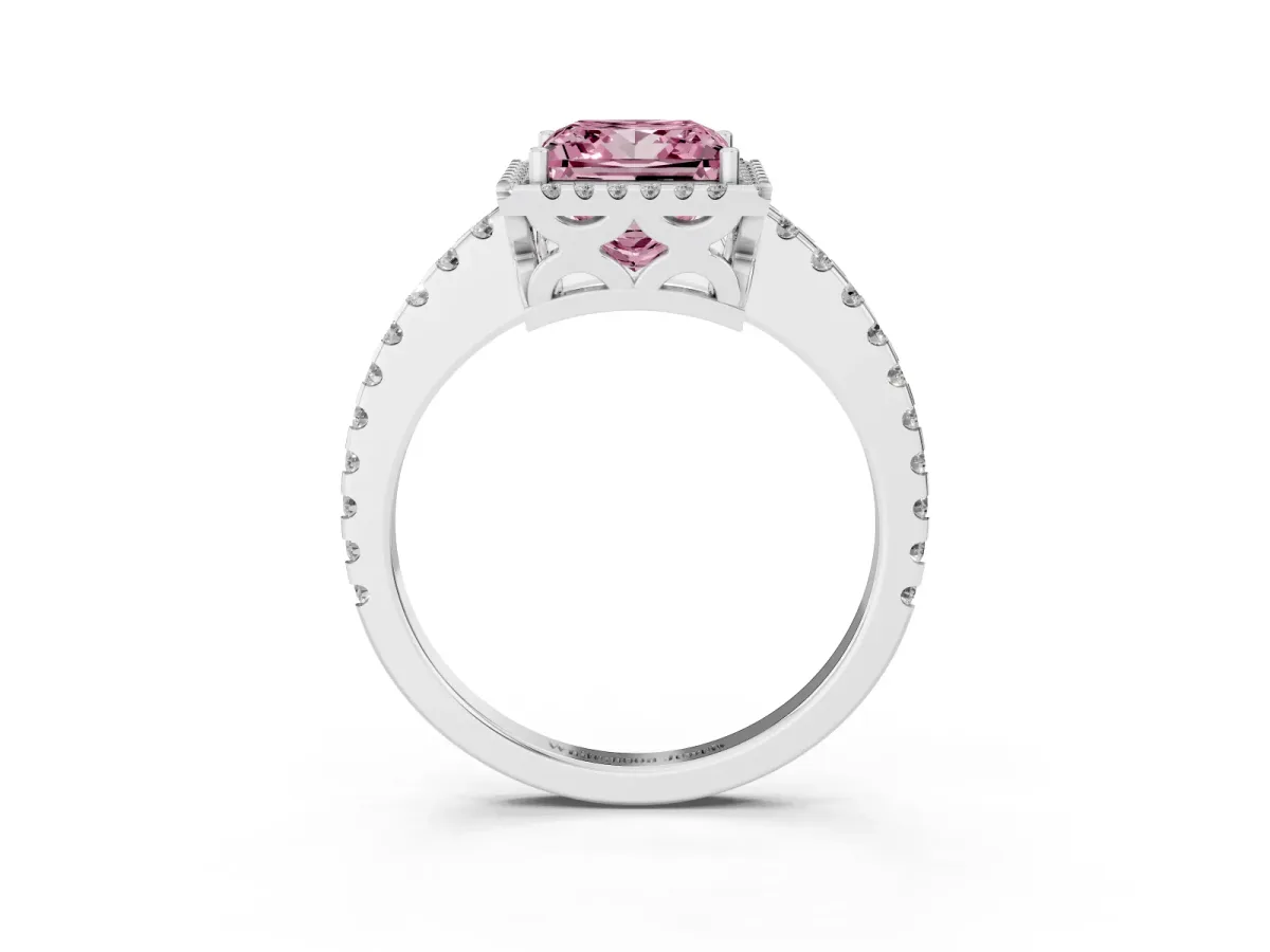 Fancy Pink Princess Cut Diamond Halo Engagement Ring with Pavé Band and Prong Setting Silver