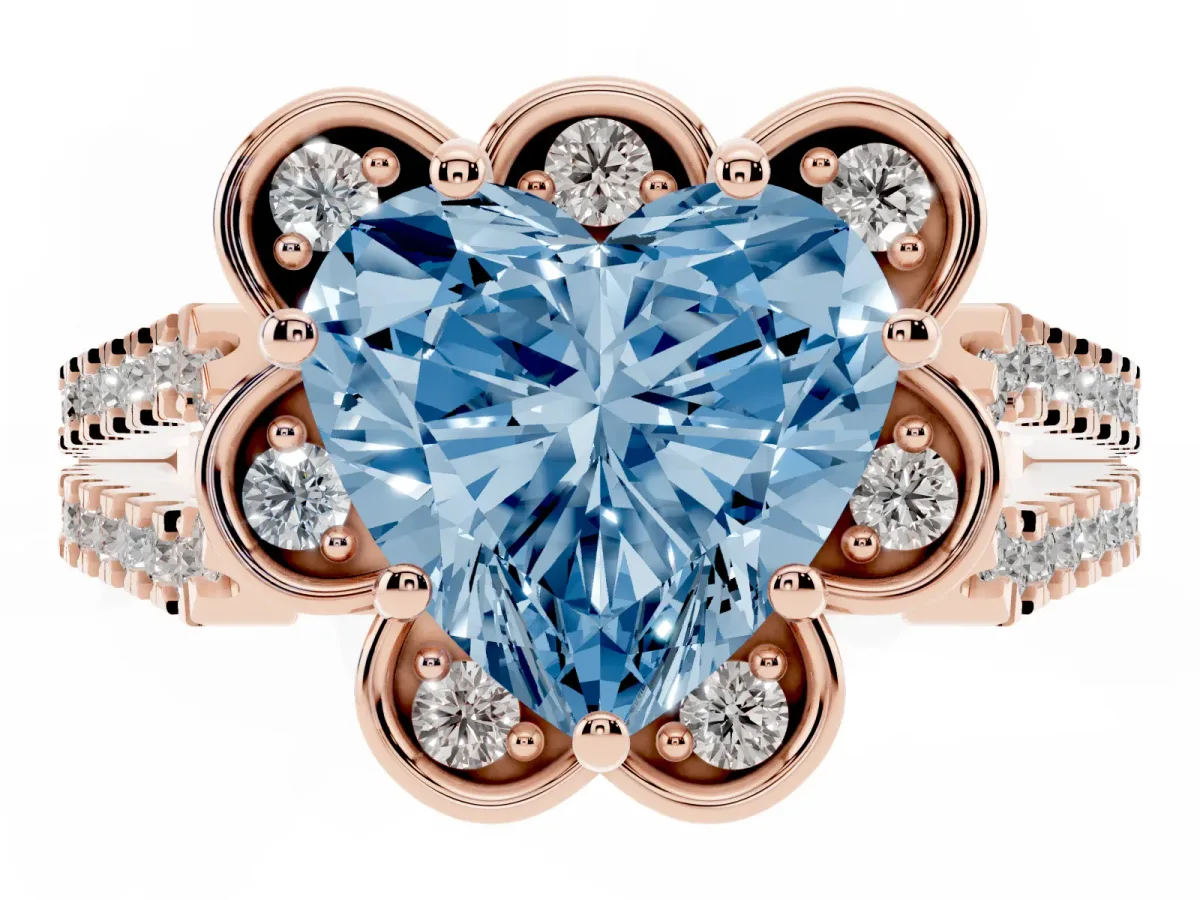 Fancy Blue Heart Cut Halo Diamond Floral Split Shank Engagement Ring Rose gold
