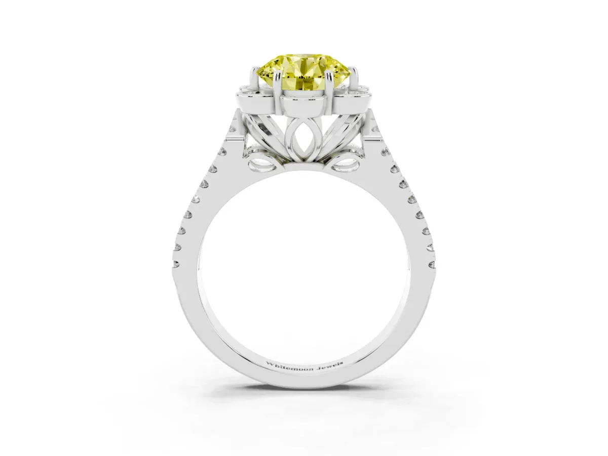 Fancy Yellow Round Cut Halo Diamond Floral Split Shank Engagement Ring Platinum