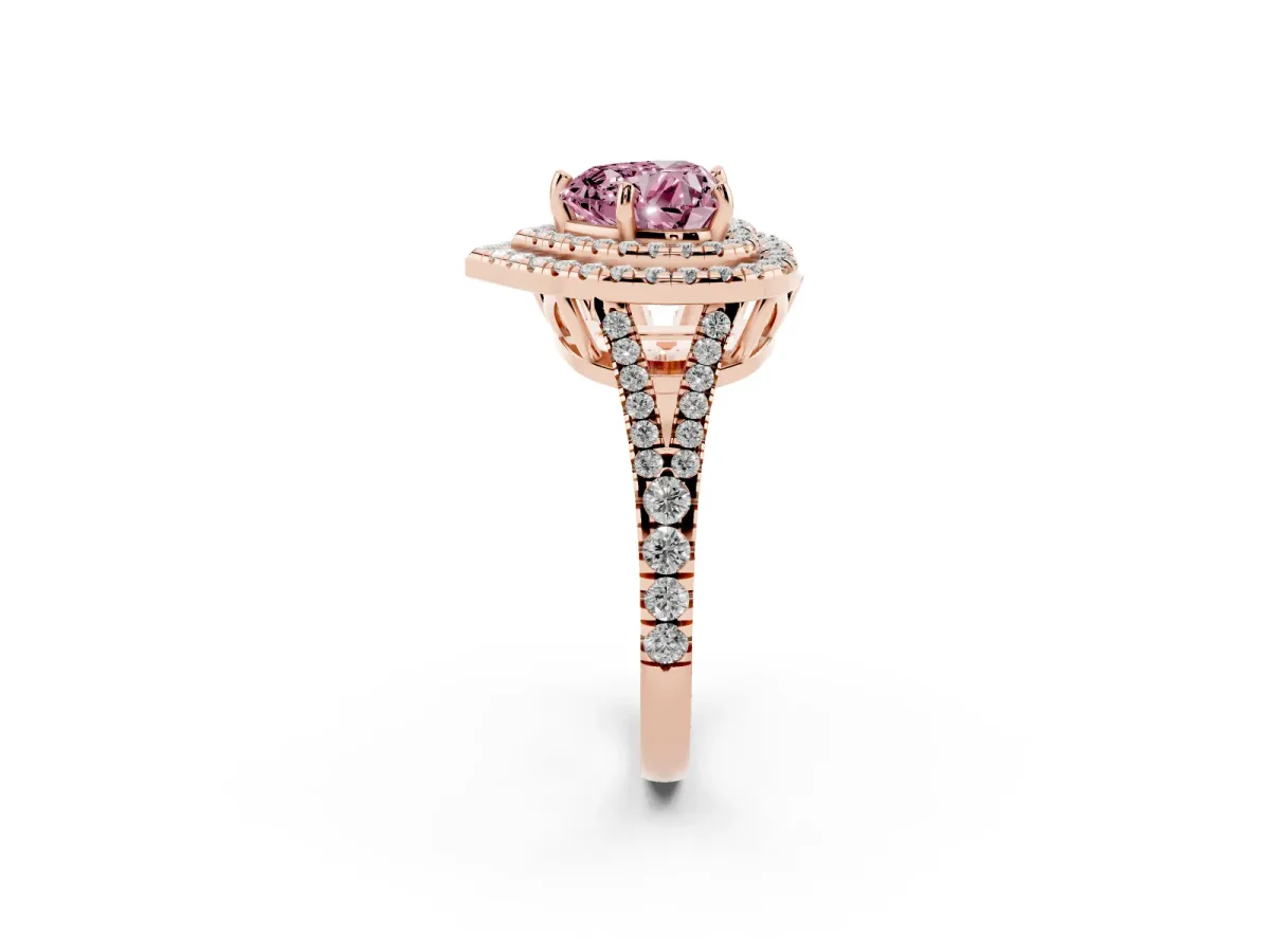 Fancy Pink Heart Cut Diamond Double Halo Ring with Pavé Band and Prong Setting Rose gold
