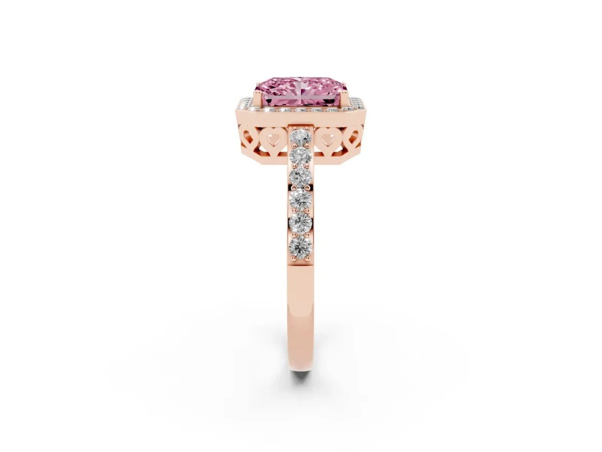 Fancy Pink Radiant Cut Halo Diamond Pavé Band Ring with Prong Setting Rose gold