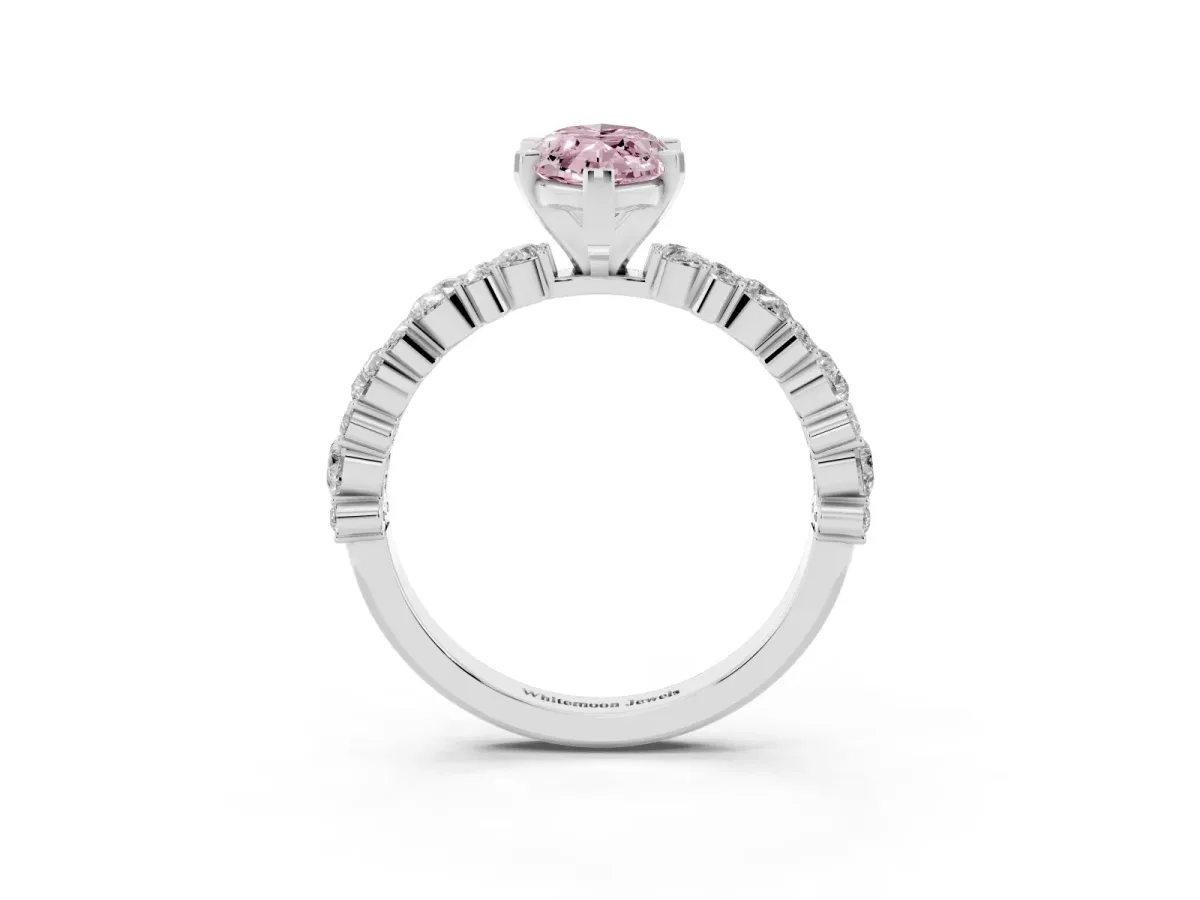 Fancy Pink Marquise Cut Diamond Side Stone Solitaire Ring with Round and Four-Prong Setting Platinum