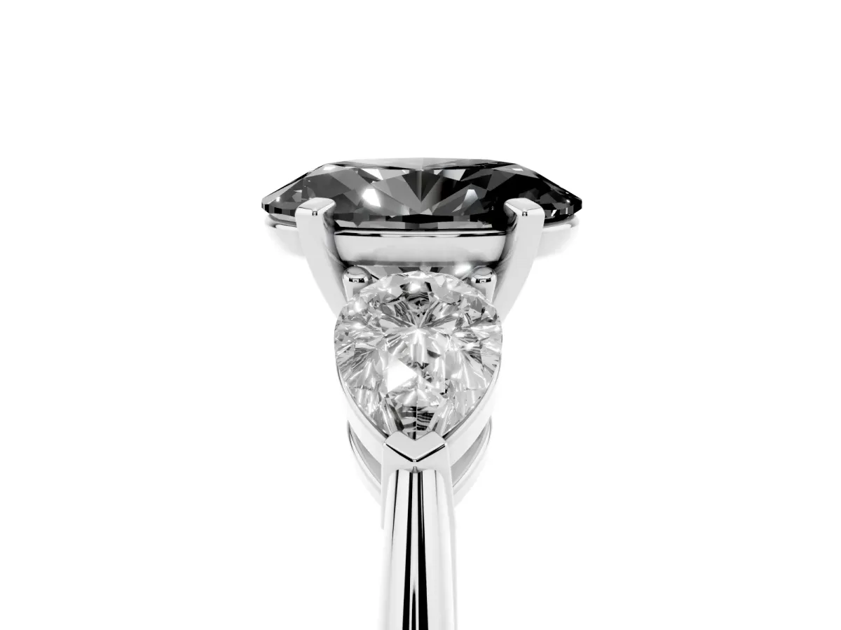 Fancy Black Three-Stone Oval Cut Diamond Ring with Pear Side Stones and Four-Prong Setting Silver