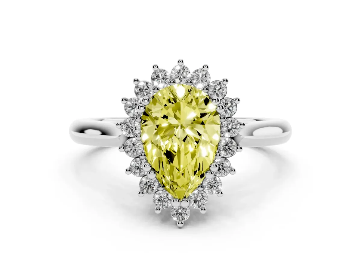 Fancy Yellow Pear Cut Cut Diamond Halo Ring with Solitaire Band and Prong Setting Silver