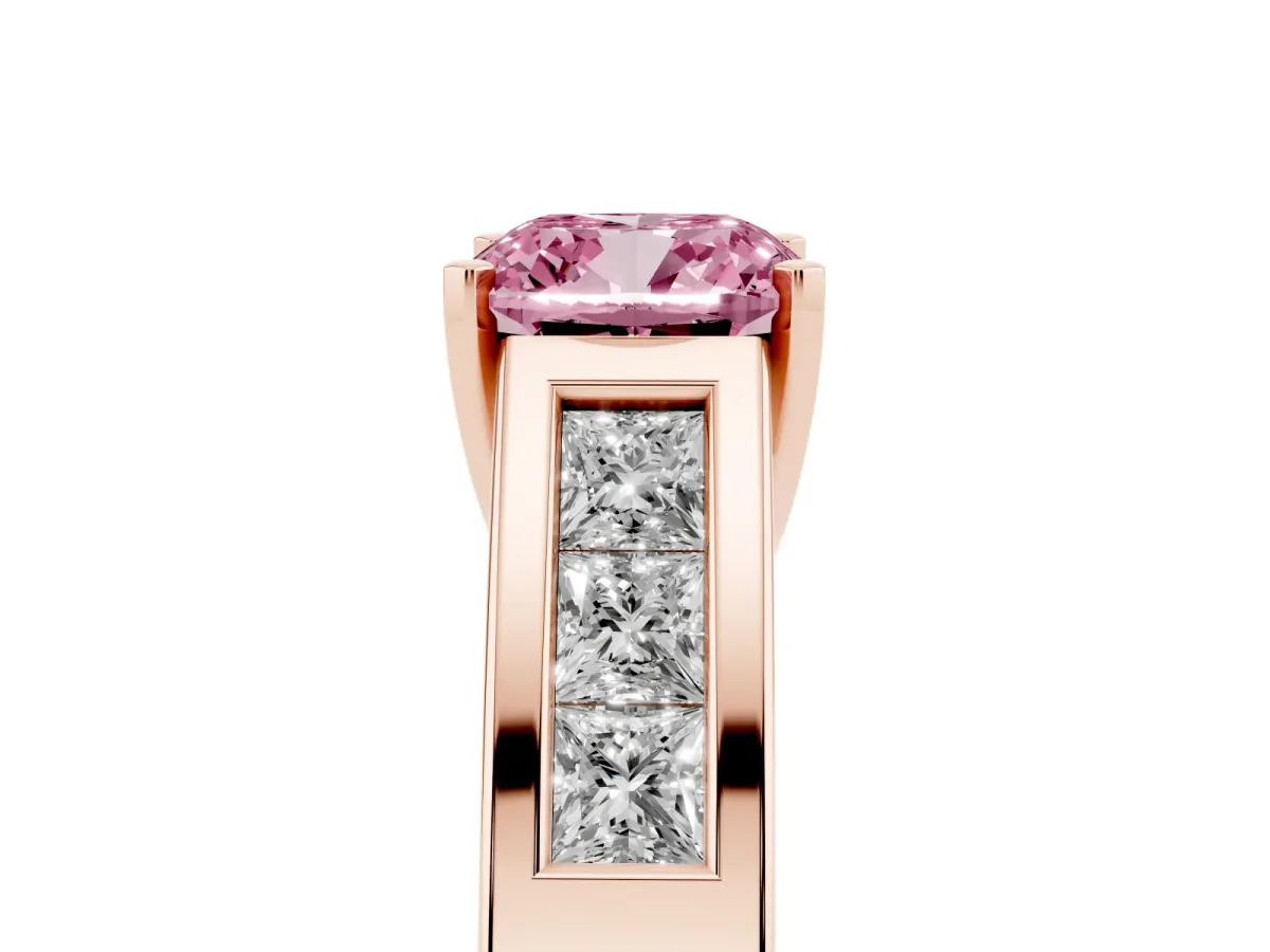 Fancy Pink Cushion Cut Cut Channel Set Solitaire Ring with Four-Prong Setting Rose gold