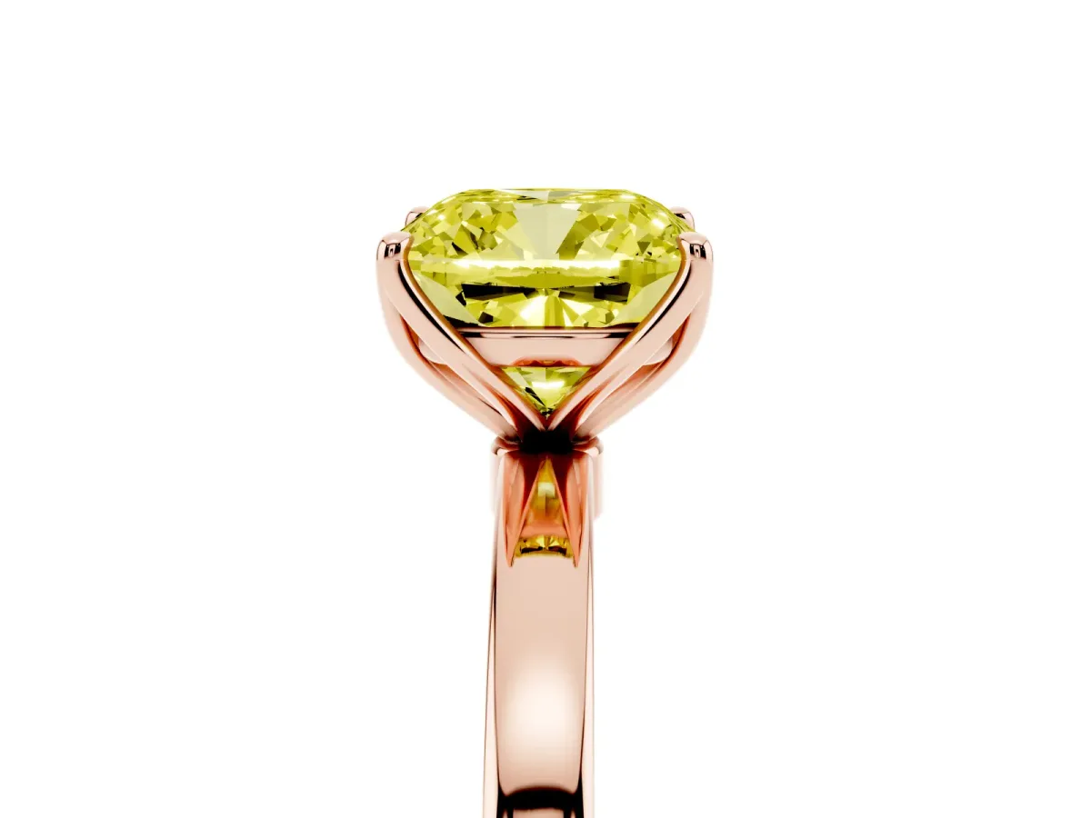 Fancy Yellow Cushion Cut Diamond Solitaire Ring with Thin Band and Prong Setting Rose gold