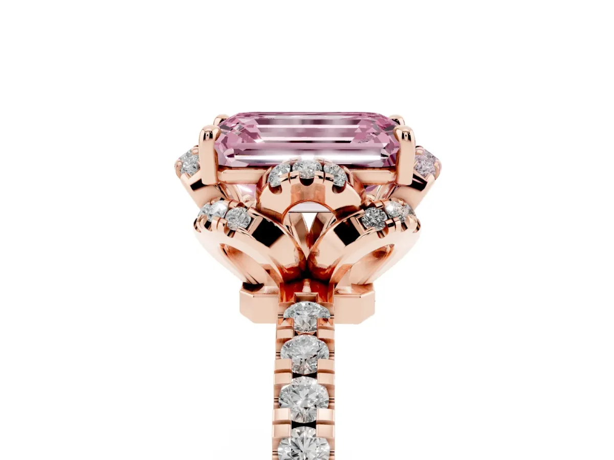 Fancy Pink Emerald Cut Diamond Halo Pave Band with Four-Prong Setting Rose gold