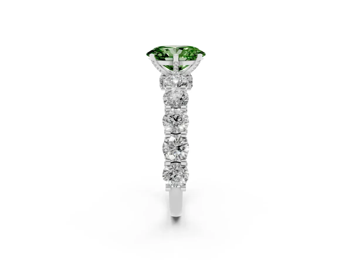Fancy Green Oval Cut Diamond Side Stone Engagement Ring with Four-Prong Setting Silver