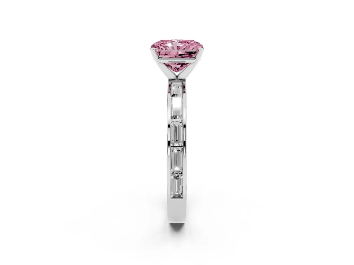 Fancy Pink Radiant Cut Solitaire Diamond Ring with Channel-Set Baguette Band and Four-Prong Setting Silver