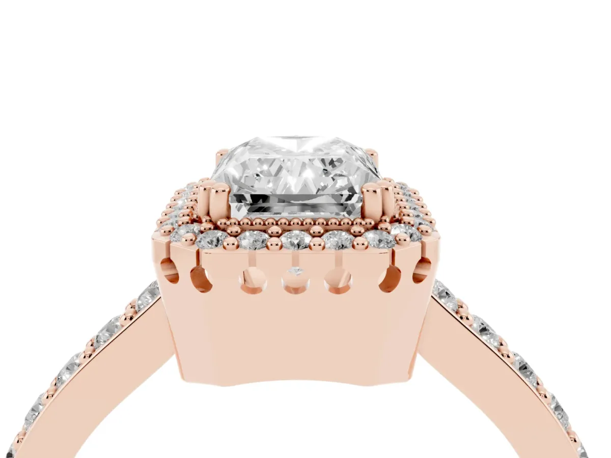 Radiant Cut Cut Diamond Halo Engagement Ring with Milgrain Detail and Pavé Band Rose gold