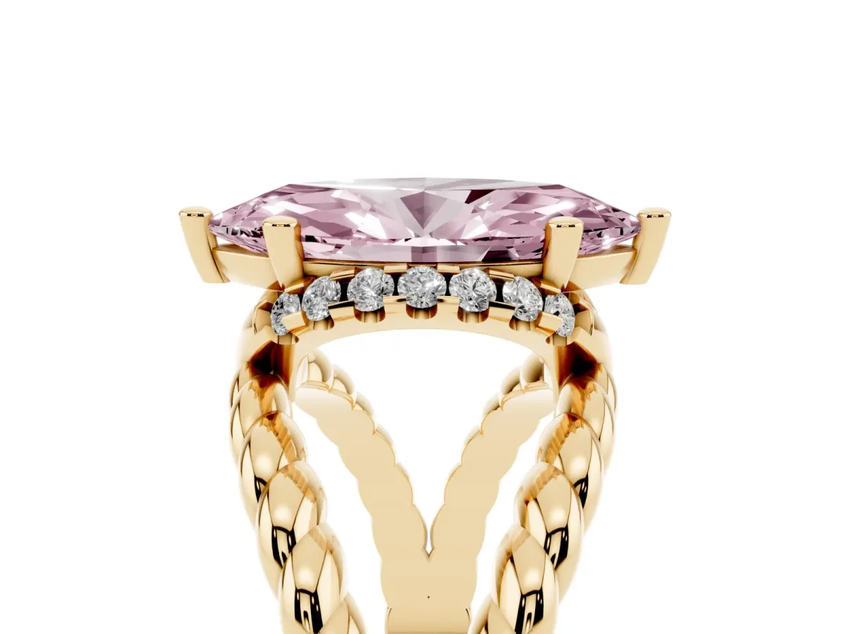 Fancy Pink Marquise Cut Halo Twisted Band Four-Prong Ring Yellow gold