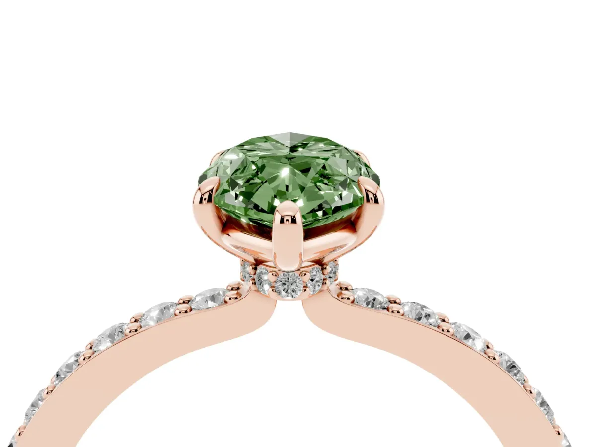 Fancy Green Marquise Cut Diamond Pavé Engagement Ring with Round Accents and Prong Setting Rose gold