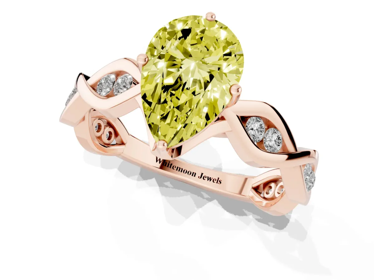 Fancy Yellow Pear Cut Solitaire Twist Band with Leaf Prong Setting Rose gold