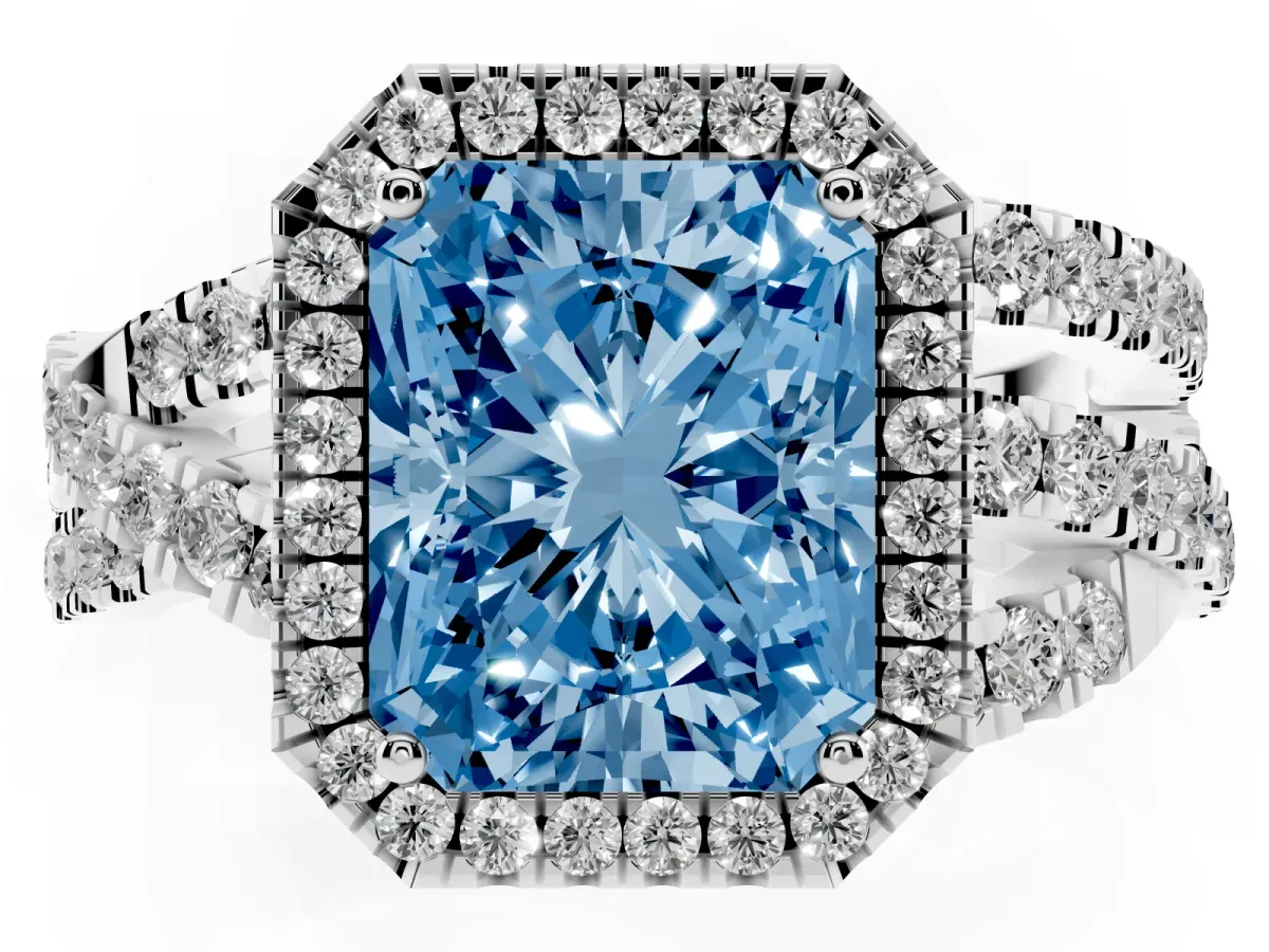Fancy Blue Radiant Cut Diamond Halo Ring with Round Split Shank and Prong Setting Platinum