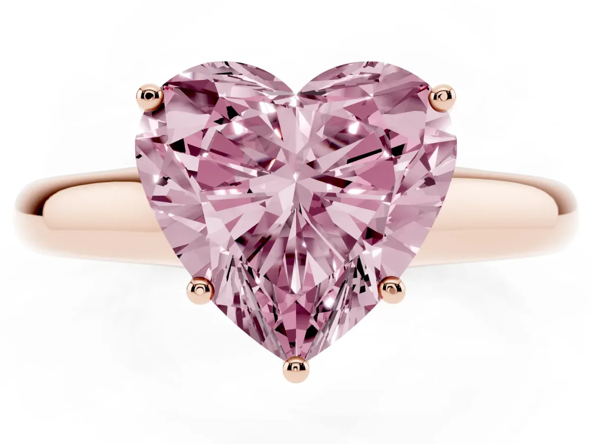 Fancy Pink Heart Cut Cut Diamond Solitaire Engagement Ring with Tapered Plain Band and Four-Prong Setting Rose gold