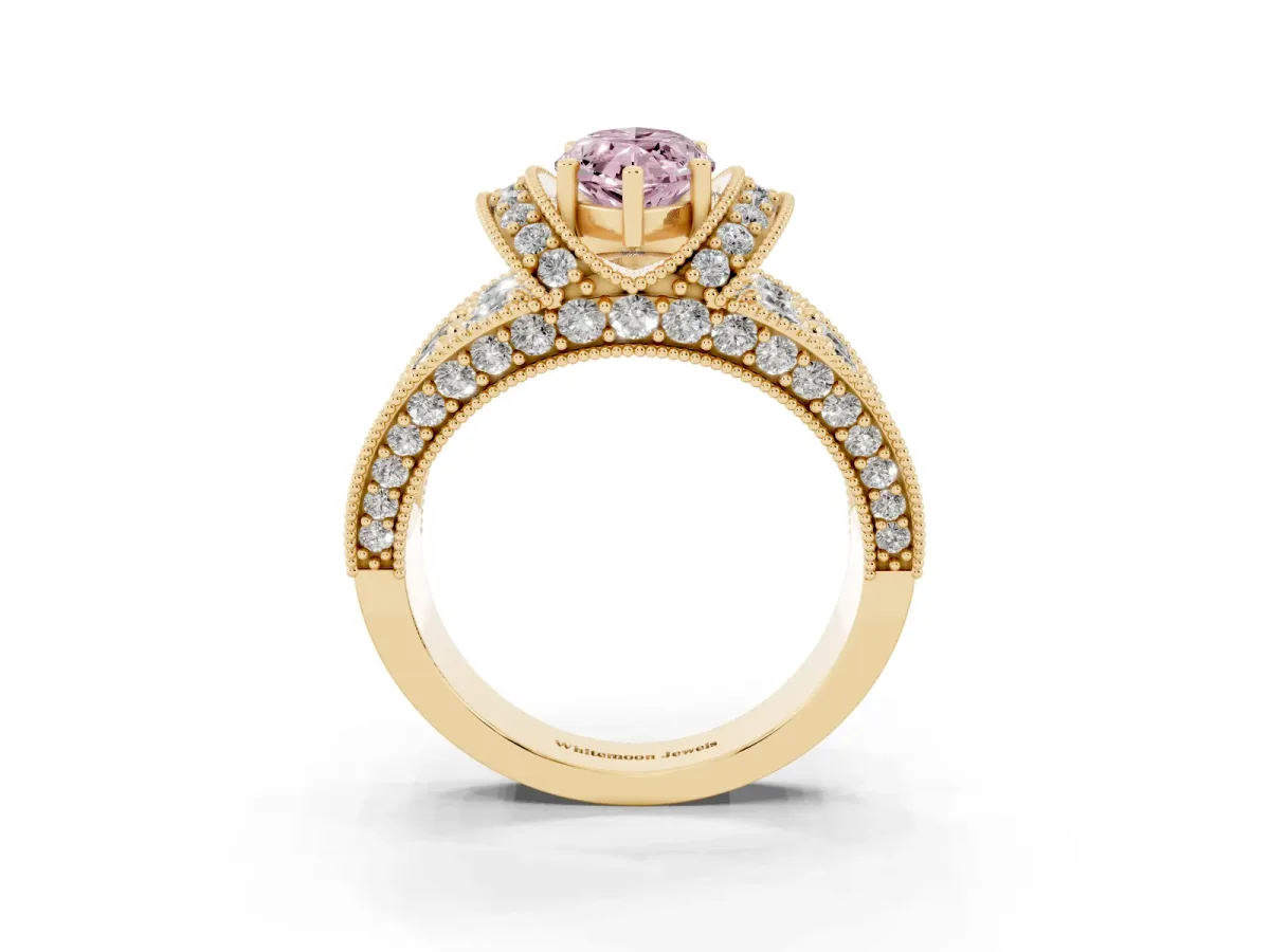 Fancy Pink Marquise Cut Halo Pave Diamond Engagement Ring with Milgrain Detailing Yellow gold