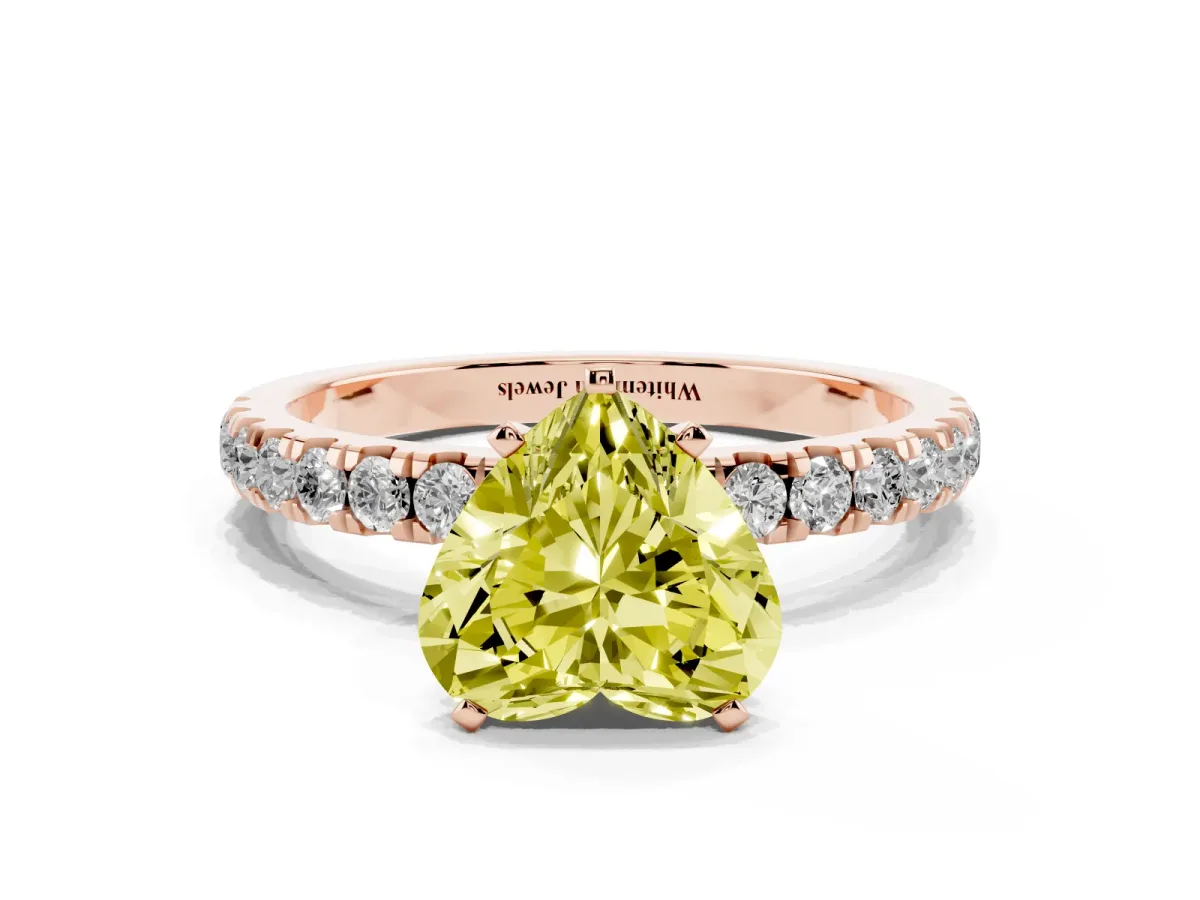 Fancy Yellow Heart Cut Diamond Solitaire Ring with Pavé Accents and Four-Prong Setting Rose gold