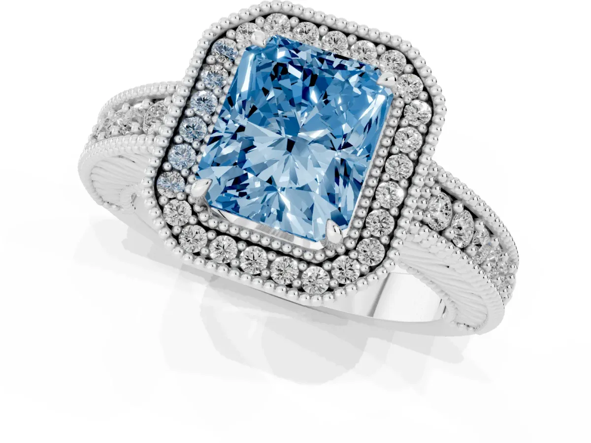Fancy Blue Radiant Cut Cut Halo Diamond Ring with Pavé Band and Four-Prong Setting Platinum
