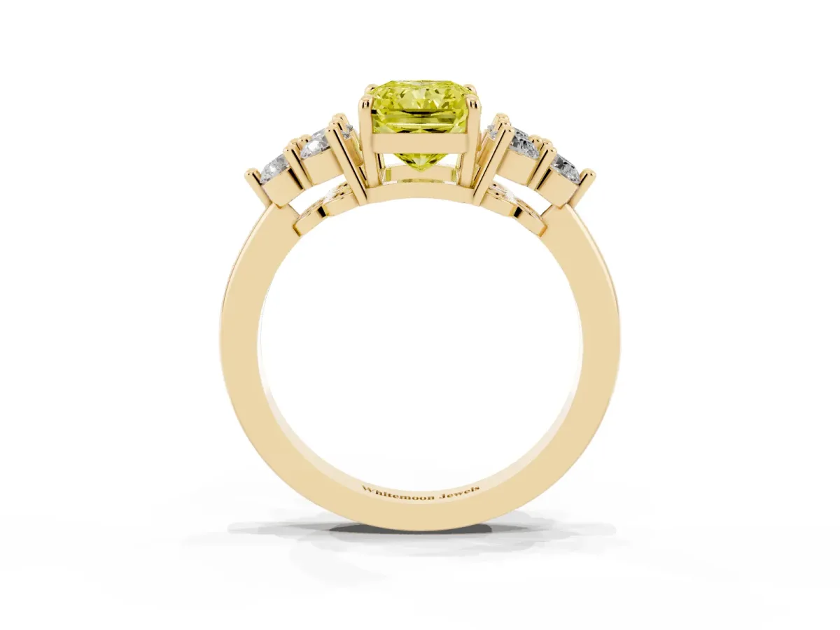 Fancy Yellow Radiant Cut Brilliant Diamond Cluster Accent Solitaire Ring with Prong Setting Yellow gold