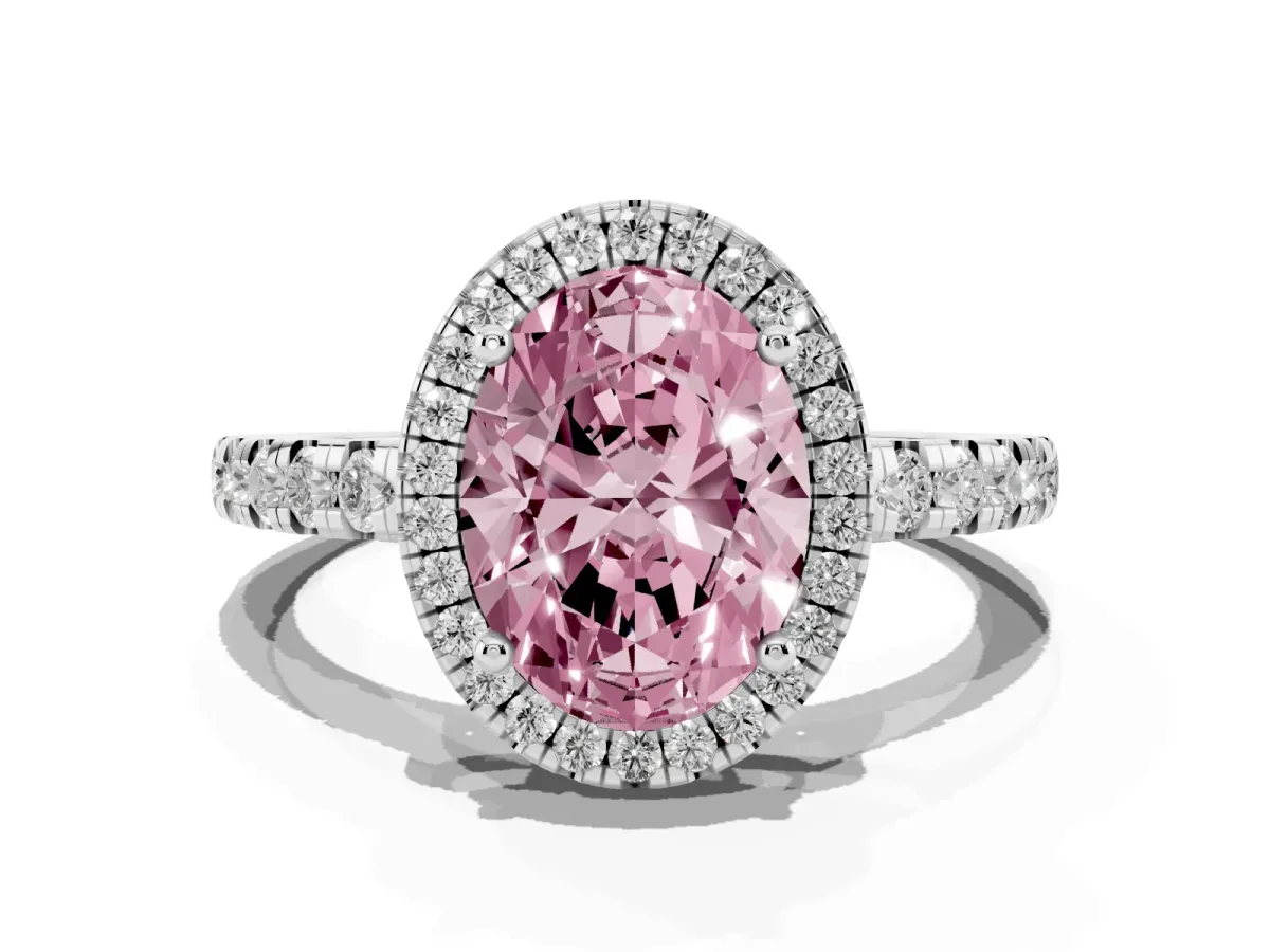 Fancy Pink Oval Cut Diamond Halo Ring with Pavé Band and Four-Prong Setting Platinum