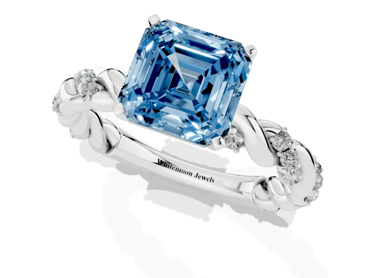 Fancy Blue Asscher Cut Diamond Solitaire Ring with Twisted Band and Pavé Accents White gold