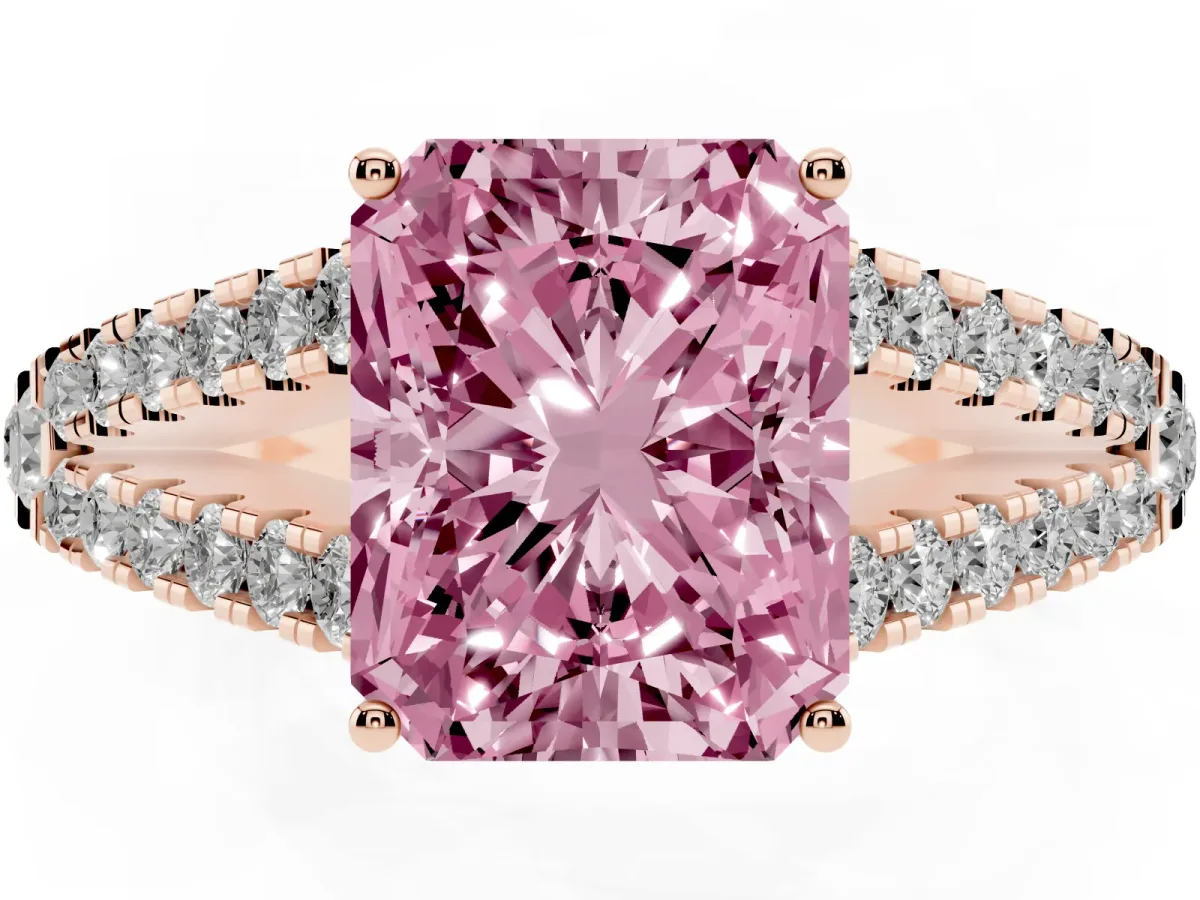 Fancy Pink Radiant Cut Diamond Split Shank Pavé Engagement Ring with Four-Prong Setting Rose gold