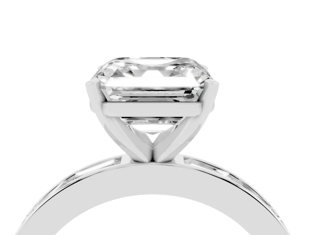 Asscher Cut Solitaire Diamond Ring with Channel-Set Baguette Band and Four-Prong Setting White gold