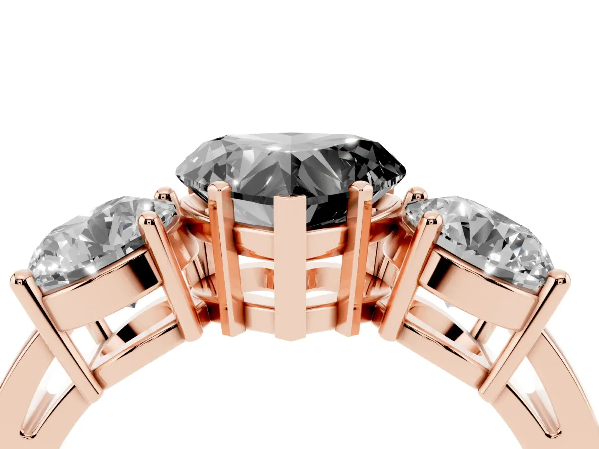 Fancy Black Three-Stone Heart Cut Diamond Ring with Round Side Stones, Classic Band, and Four-Prong Setting Rose gold