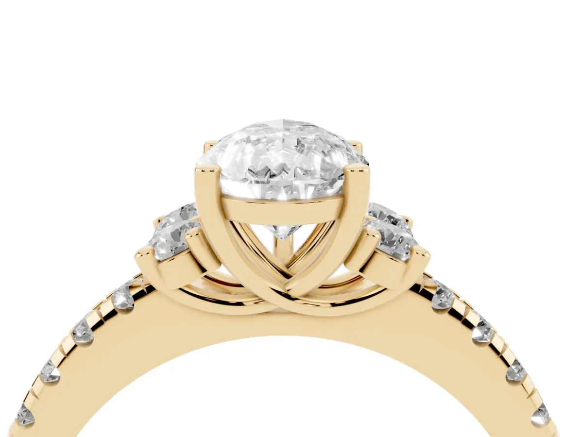 Pear Cut Diamond Three-Stone Pave Band with Four-Prong Setting Yellow gold