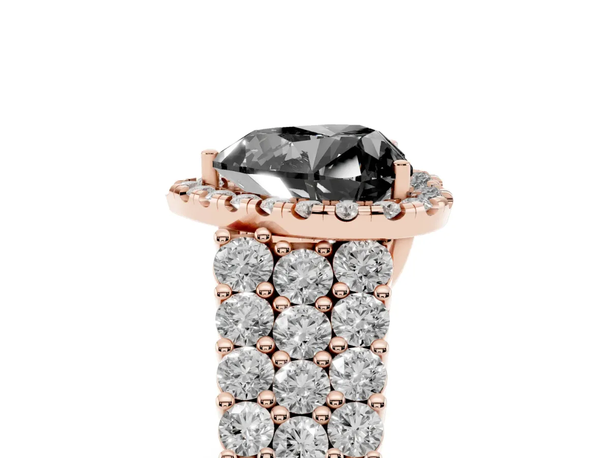 Fancy Black Heart Cut Diamond Halo Engagement Ring with Triple Row Round Pavé Band and Prong Setting Rose gold