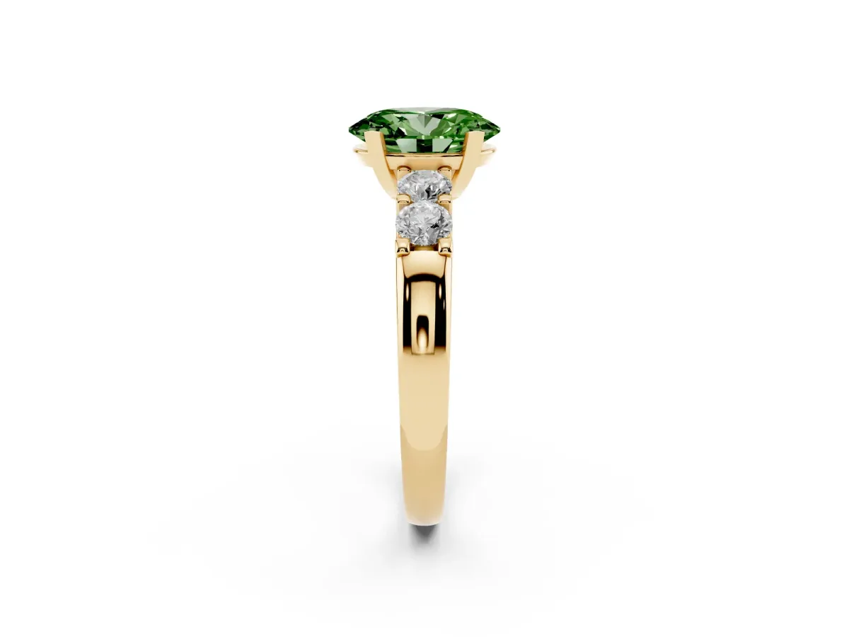 Fancy Green Oval Cut Brilliant Cut Diamond Five-Stone Prong Set Engagement Ring with Channel Band Yellow gold