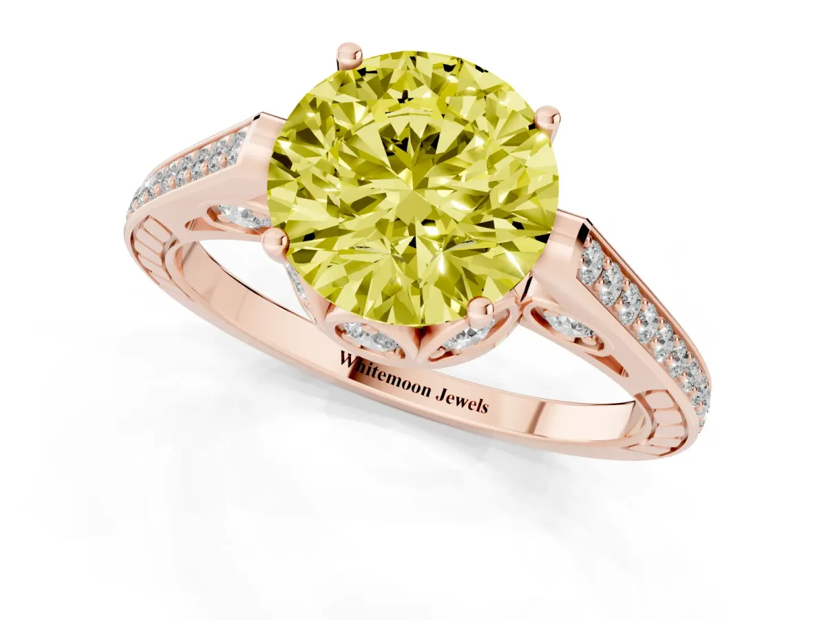 Fancy Yellow Round Cut Cut Cathedral Pave Diamond Engagement Ring with Six-Prong Setting Rose gold