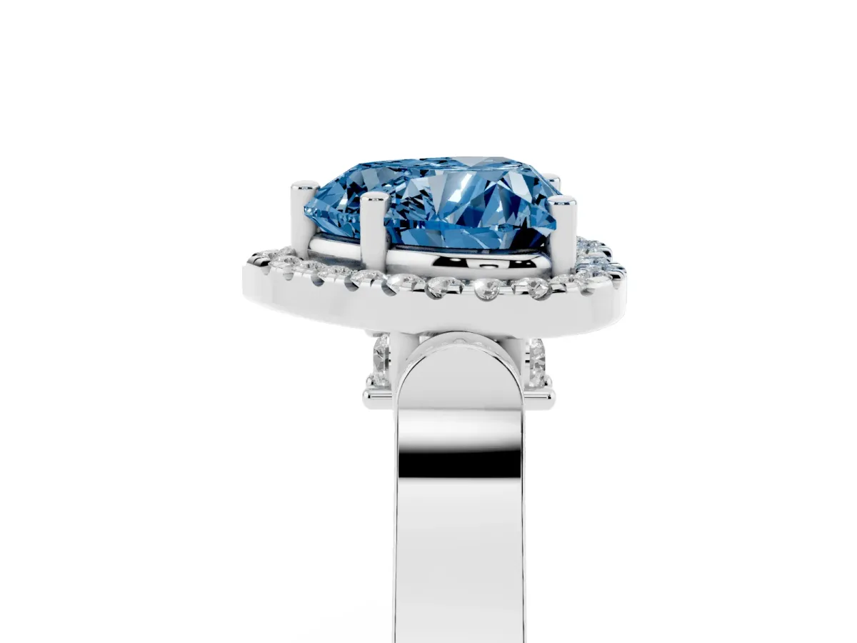 Fancy Blue Heart Cut Halo Round Diamond Twist Band with Four-Prong Setting Silver