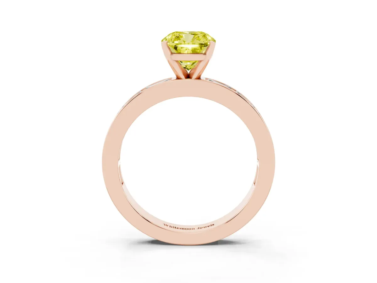 Fancy Yellow Cushion Cut Solitaire Diamond Ring with Channel-Set Baguette Band and Four-Prong Setting Rose gold