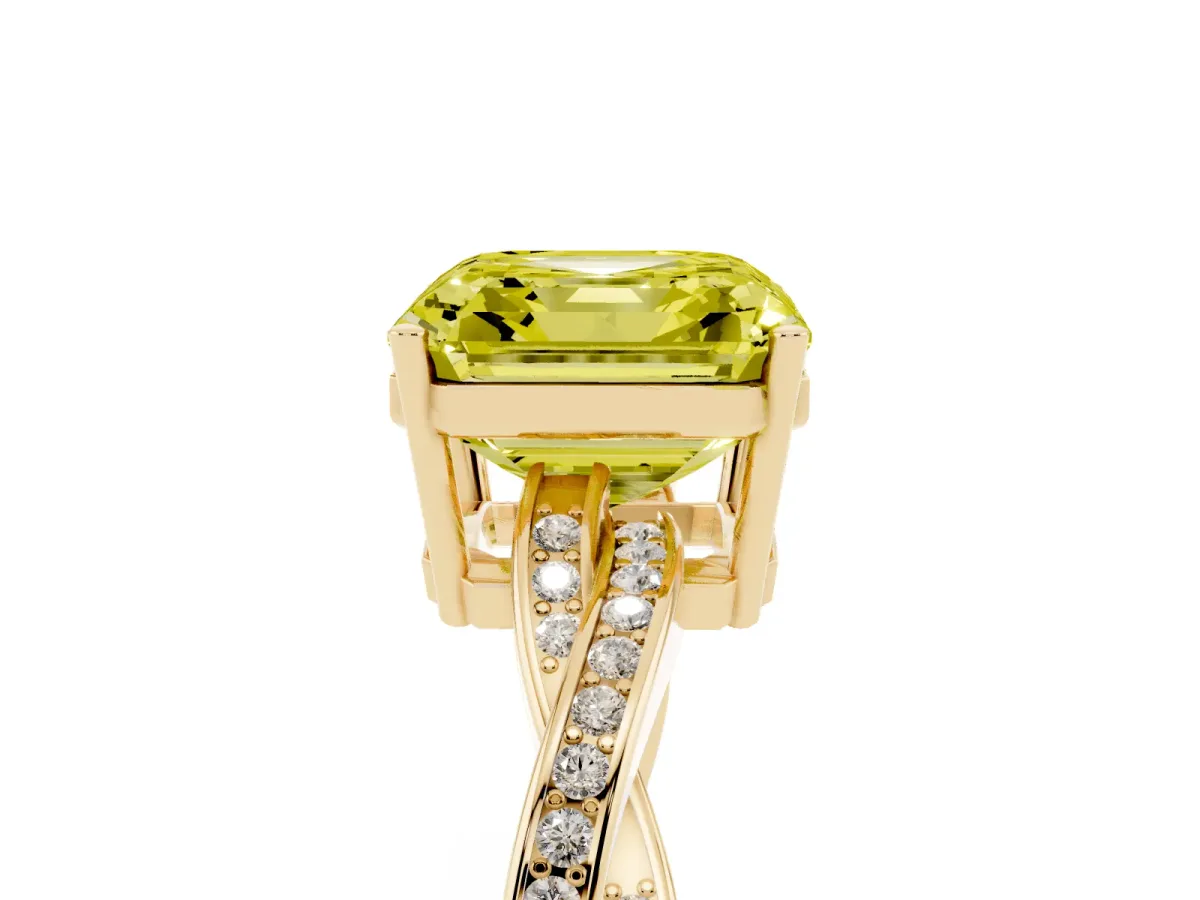 Fancy Yellow Asscher Cut Solitaire Twisted Pave Diamond Ring with Four-Prong Setting Yellow gold