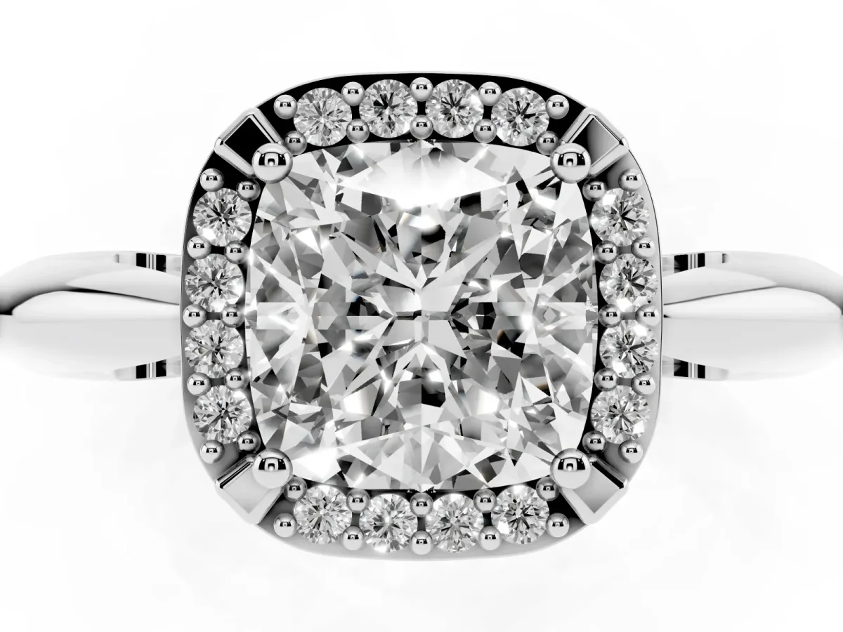 Cushion Cut Cut Diamond Halo Engagement Ring with Split Shank and Four-Prong Setting Silver