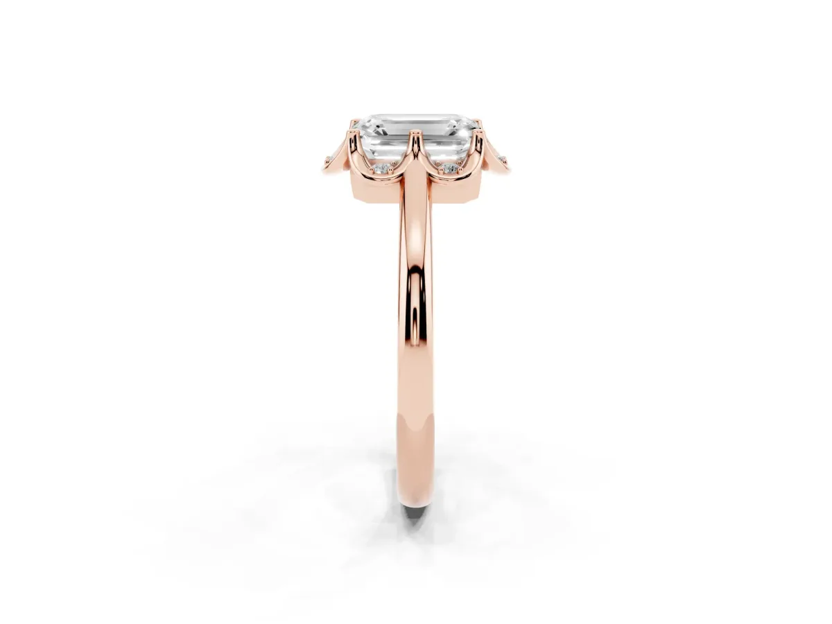 Emerald Cut Halo Diamond Ring with Round Cluster Setting, Solitaire Band, and Four-Prong Setting Rose gold