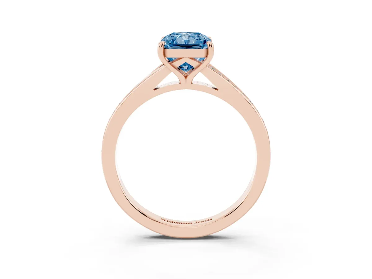 Fancy Blue Radiant Cut Diamond Solitaire Ring with Pavé Band and Prong Setting Rose gold