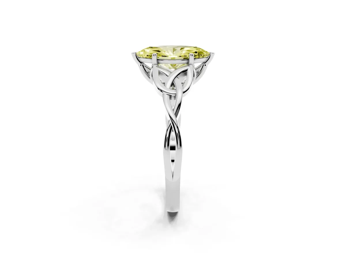 Fancy Yellow Marquise Cut Diamond Solitaire Engagement Ring with Celtic Knot Band and Four-Prong Setting Platinum