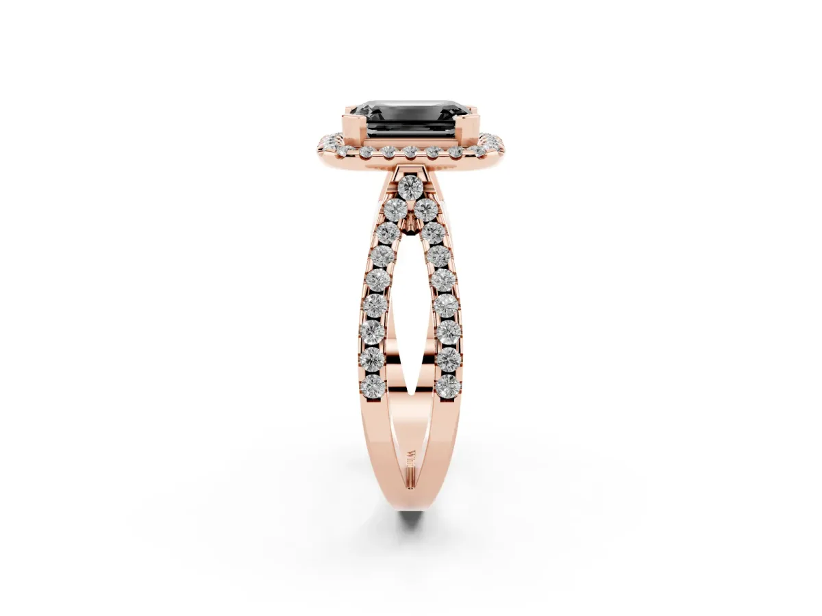 Fancy Black Emerald Cut Diamond Halo Ring with Split Shank Pavé Band and Prong Setting Rose gold