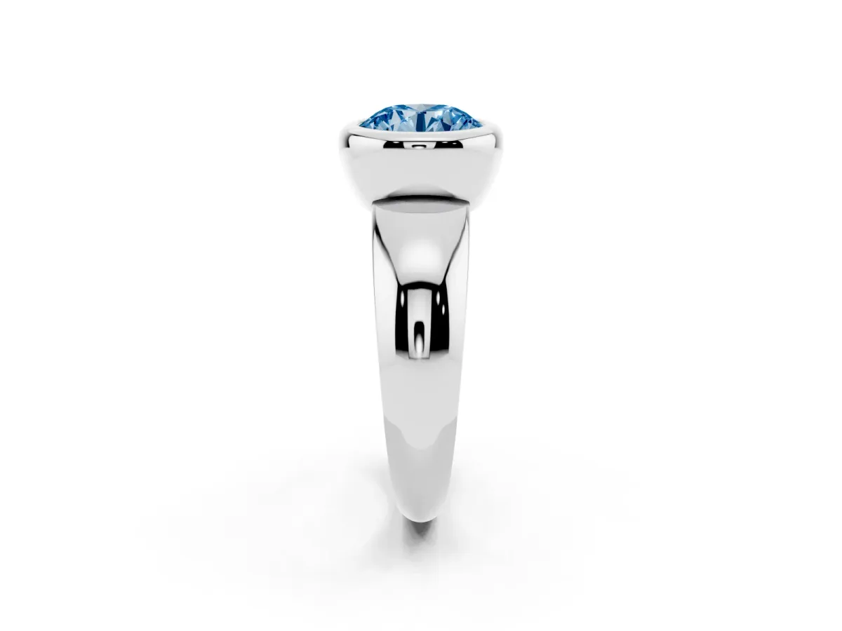 Fancy Blue Bezel Set Round Cut Solitaire Ring with Wide Band Platinum