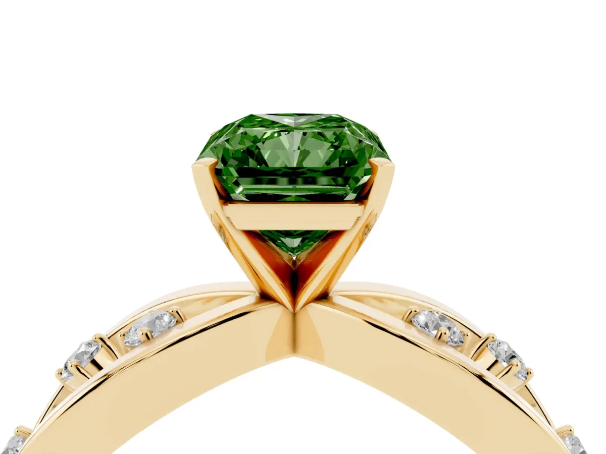 Fancy Green Radiant Cut Cut Solitaire Diamond with Side Stones on Criss-Cross Band and Four-Prong Setting Yellow gold